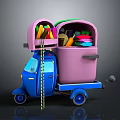 Pink Refrigerator Freezer with Open Door Filled with Colorful Fruits Vegetables Plates on Blue Cart