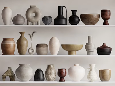 Diverse Ceramic Vessels in Various Shapes Sizes and Colors Displayed on Shelves 3d model