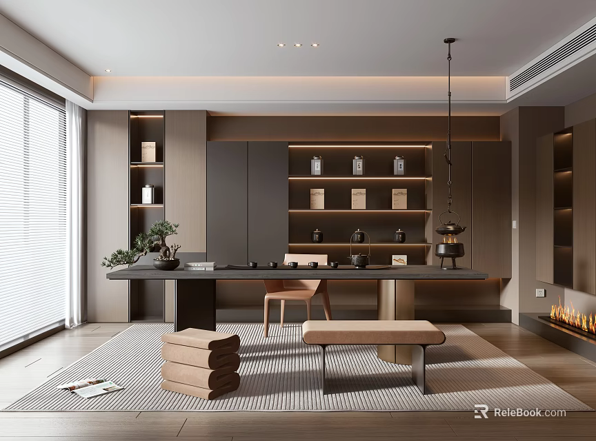 Modern Tea Room Interior Design With Wooden Table Tea Sets And Natural Light 3d model 