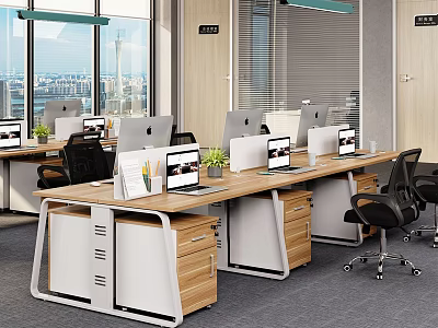 Modern Public Office Space With Long Wooden Desks Multiple Mac Computers And Black Office Chairs 3d model