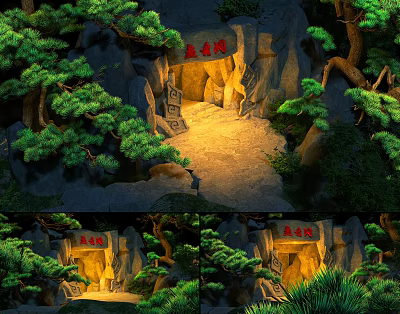 Longgong Cave Scenery with Lush Pine Trees Rocky Mountains Illuminated Entrance and Stone Pathway 3d model