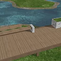Comfortable Outdoor Chairs On Wooden Deck By Water Pond With Grass And Trees