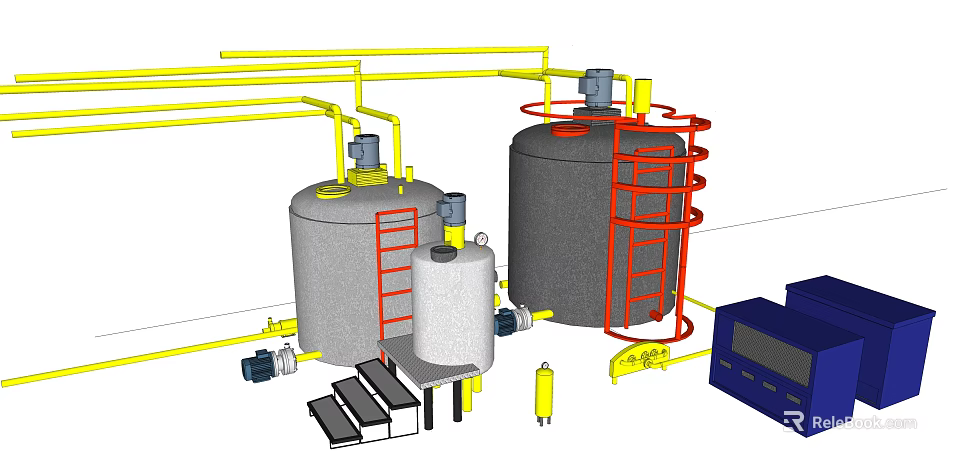 Industrial Equipment Setup Featuring Storage Tanks Pipes Ladders And Control Panel 3d model 