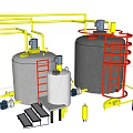 Industrial Equipment Setup Featuring Storage Tanks Pipes Ladders And Control Panel