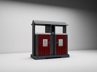 Public Trash Bin With Double Doors Red Black Color And Recycling Signs 3d model
