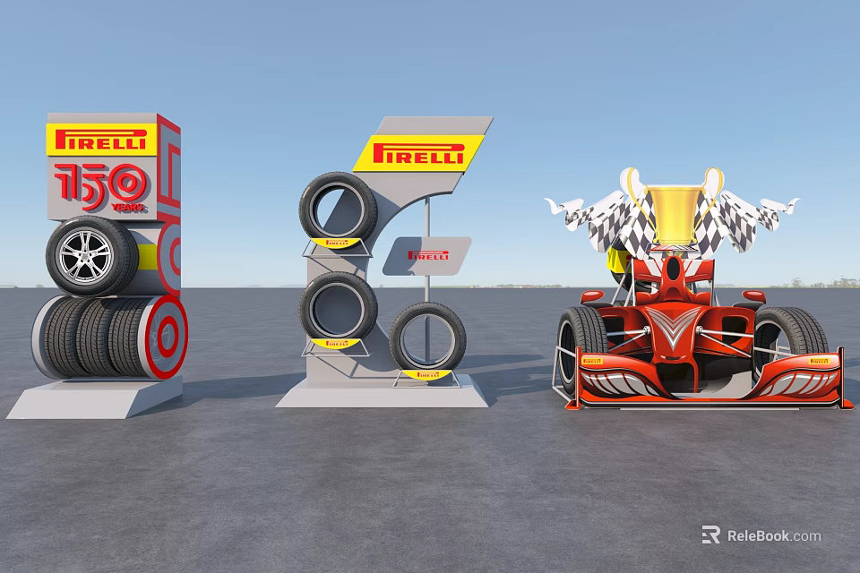 Pirelli Tires Display Setup Featuring Racing Car And Branded Stands 3d model 