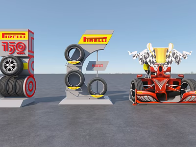 Pirelli Tires Display Setup Featuring Racing Car And Branded Stands 3d model