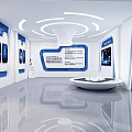Modern Space Technology Exhibition Hall With Satellite Model Blue Columns And Interactive Displays 3d model