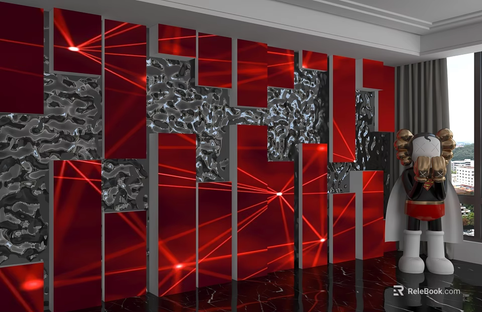 Red And Silver Geometric Pattern Wall Design With Striking Lighting Effects 3d model 