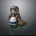 3D Character Model With Armor Helmet Apron Pigtails And Box With Red Fruits