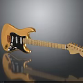 Yellow Electric Guitar With Black Pickguard Wooden Neck And Tuning Pegs On Reflective Surface