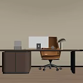 Modern Office Desk With Computer Monitor Ergonomic Chair And Table Lamp