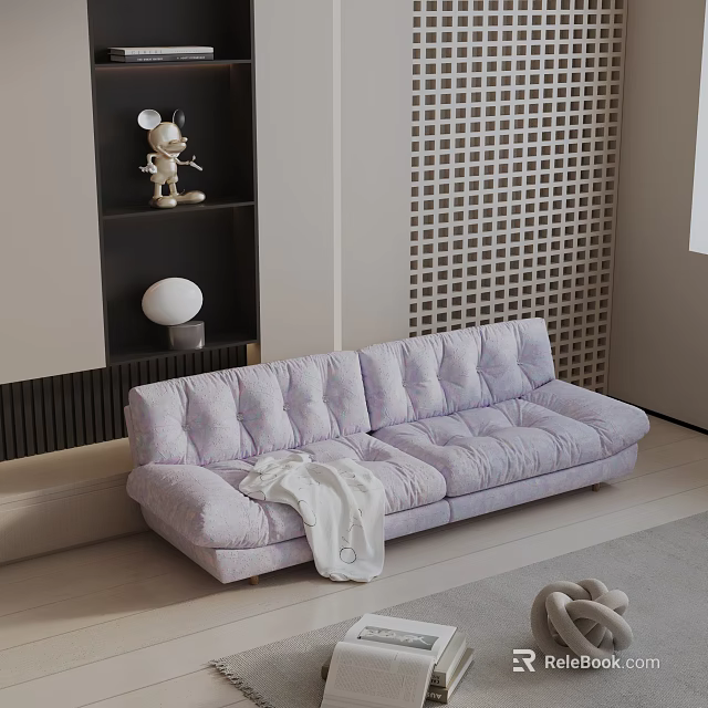 Cozy Light Purple Velvet Three Seater Sofa With White Blanket 3d model 