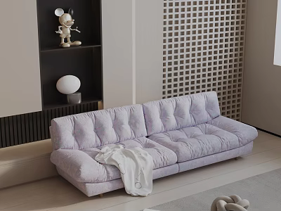Cozy Light Purple Velvet Three Seater Sofa With White Blanket 3d model