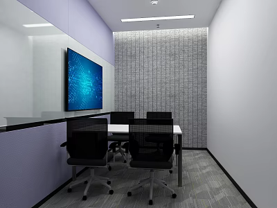 Modern Meeting Room Interior With Large Screen Black Chairs Table And Textured Wall Design 3d model