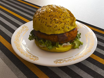 Juicy Hamburger With Yellow Sesame Bun Fresh Lettuce Patty On White Plate With Gold Trim 3d model