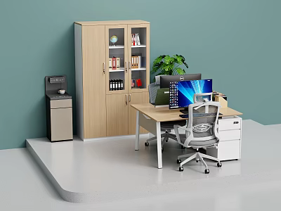 Office Desk and Chair Set With Filing Cabinet Coffee Maker Green Plant and Computer 3d model