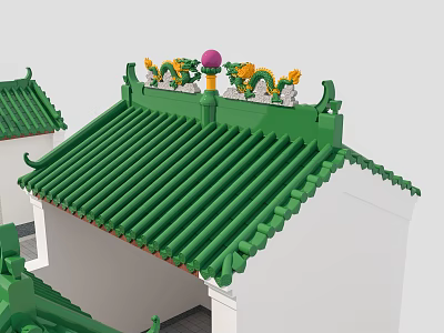 Traditional Chinese Roof Structure With Dragon Decorations Pink Spherical Finial Green Tiles And White Walls 3d model