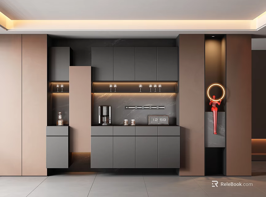 Modern Sideboard Design With Grey Cabinets Brown Panels Glass Shelves Coffee Machine And Decorative Elements 3d model 