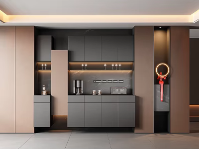 Modern Sideboard Design With Grey Cabinets Brown Panels Glass Shelves Coffee Machine And Decorative Elements 3d model