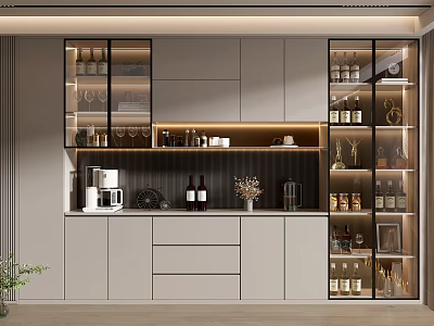 Modern Wine Cabinet With Glass Doors Lighted Shelves And Storage For Bottles Glasses 3d model