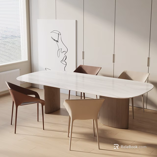 Modern Dining Table Set With White Tabletop Wooden Legs And Brown Beige Chairs 3d model 