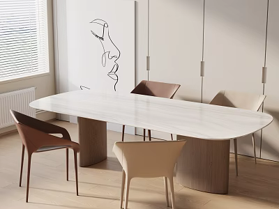 Modern Dining Table Set With White Tabletop Wooden Legs And Brown Beige Chairs 3d model