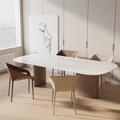 Modern Dining Table Set With White Tabletop Wooden Legs And Brown Beige Chairs 3d model