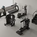 Various Types of Modern Black Sports Equipment Including Treadmill Elliptical and Exercise Bike