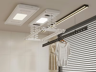 Ceiling Mounted Electric Clothes Hanger with Lighting and Hanging Clothes Against White Wall Blinds 3d model