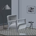 Cozy Cream Sheepskin Accent Chair With Wooden Frame Floor Lamp And Geometric Rug 3d model