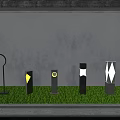 Various Designed Outdoor Lights With Geometric Patterns On Green Grass Against Gray Wall