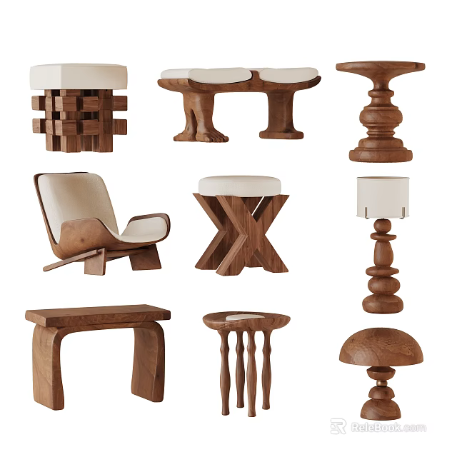 Various Stylish Wooden Stools With Unique Designs And Upholstered Seats 3d model 