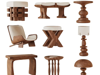 Various Stylish Wooden Stools With Unique Designs And Upholstered Seats 3d model