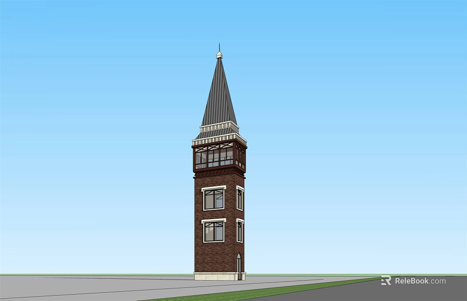 Brown Brick Tower With Steeple Windows And Classic Design Under Blue Sky 3d model 