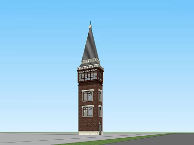 Brown Brick Tower With Steeple Windows And Classic Design Under Blue Sky 3d model