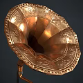 Vintage Gramophone with Brass Horn and Vinyl Records on Wooden Base