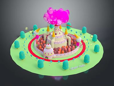 Fairy Castle Architecture Featuring Multi Layer Design Pink Cloud Top Green Trees Red Circular Path 3d model