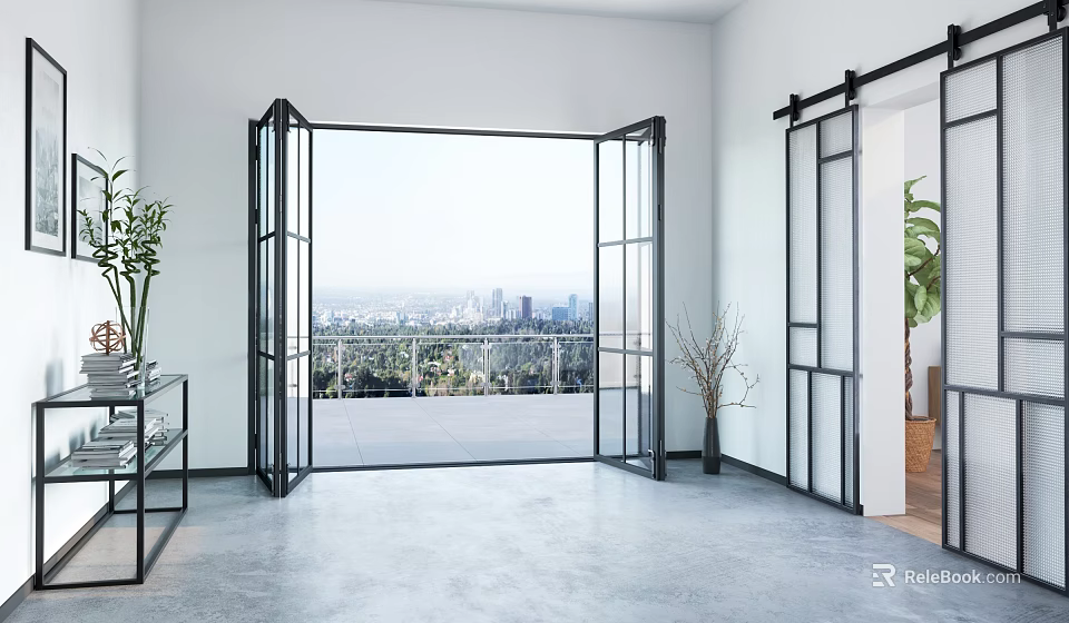 Modern Entryway Hallway Interior With Open Glass Doors City Skyline View And Gray Flooring 3d model 