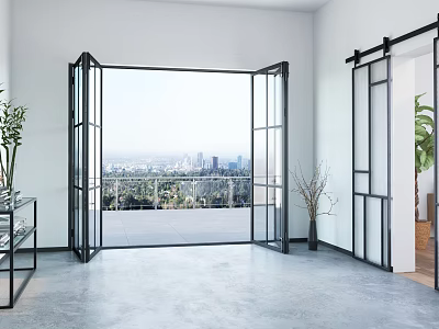 Modern Entryway Hallway Interior With Open Glass Doors City Skyline View And Gray Flooring 3d model