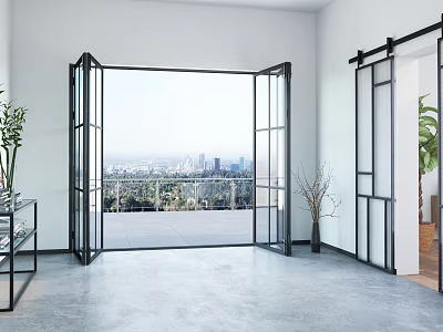 Modern Entryway Hallway Interior With Open Glass Doors City Skyline View And Gray Flooring 3d model