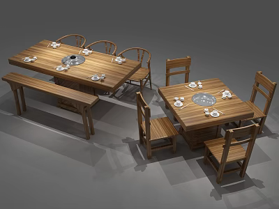 Wooden Dining Table Set With Round Hotpot Chairs Benches And Tableware 3d model