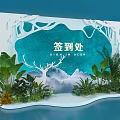 Decorative Sign In Desk With Green Plants White Tree Branches And Mountain Background 3d model