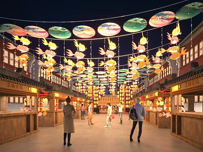 Traditional Commercial Street With Hanging Colorful Lanterns At Night And Pedestrians 3d model