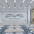 Modern School Classroom Interior With Desks Large Screen Wooden Walls And Ceiling Lights