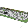 Modern Metal Sculpture With Circular Geometric Shapes In Outdoor Plaza With Fountain And Trees