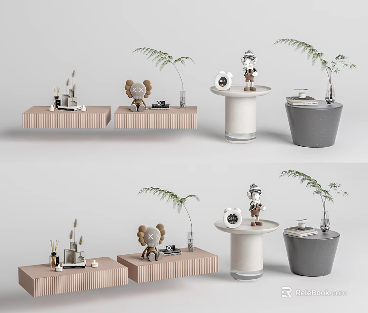 Modern Bedside Table With Wooden Panel Decorative Plants And Table Lamp 3d model