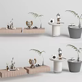 Modern Bedside Table With Wooden Panel Decorative Plants And Table Lamp 3d model