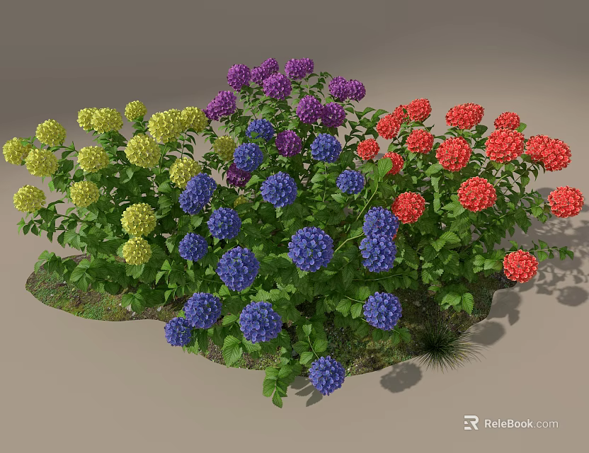 Colorful Garden Flowers With Yellow Purple Red Blue Blooms And Green Leaves 3d model 
