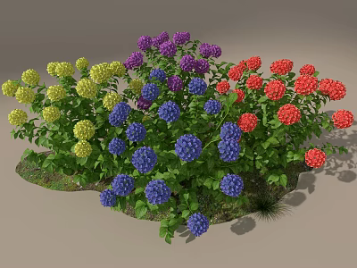Colorful Garden Flowers With Yellow Purple Red Blue Blooms And Green Leaves 3d model